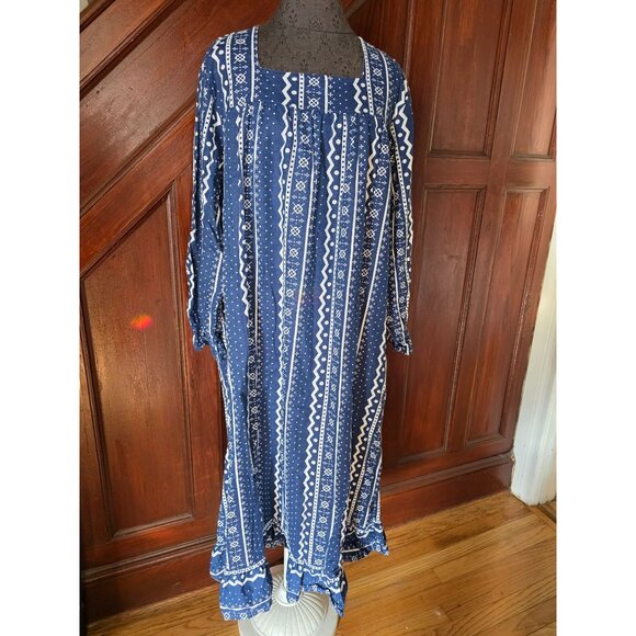 Anthony Richards Blue White Boho Print Cotton Long Sleeve Flannel Nightgown XL - Picture 2 of 8